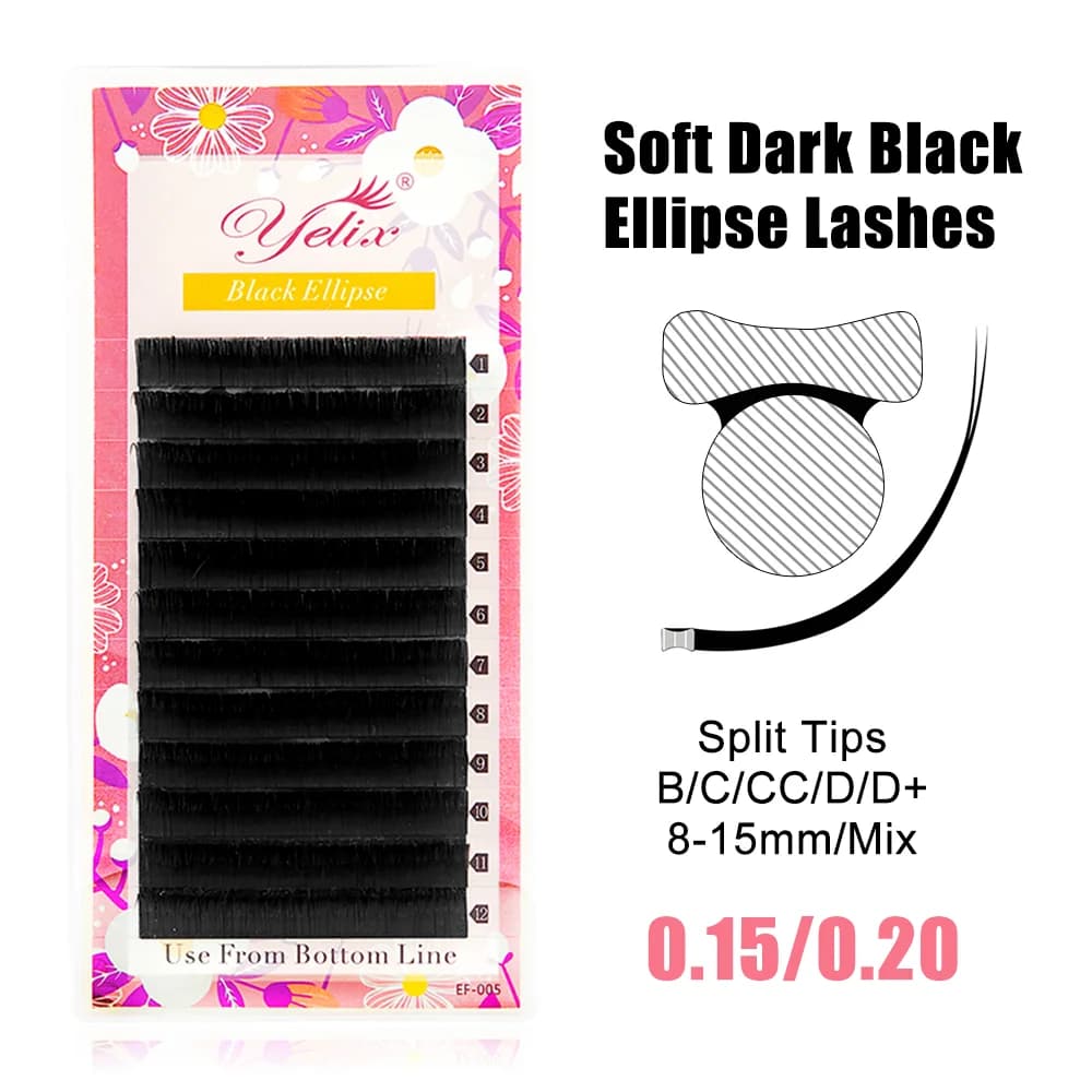 Elliptische flache Split-Tip schwarze Wimpernverlängerungen 0,15–0,20 mm